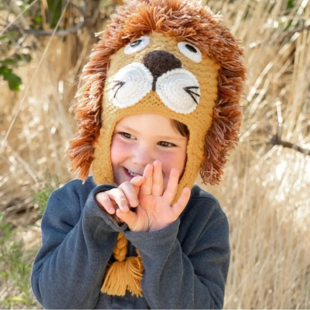Lion Knit Hat with Earflaps alpaca blend children’s